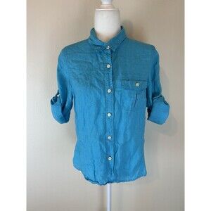 Talbots Petite M Pure Irish Linen Button Down Shirt Roll Tab Blue Coastal Preppy